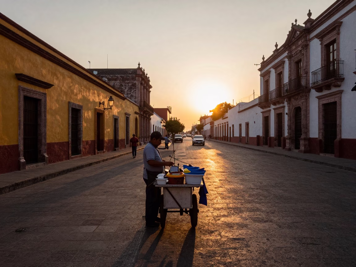 Sunset street scene in Guadalajara Mexico with street vendor and urban architecture in in Guadalajara, Mexico