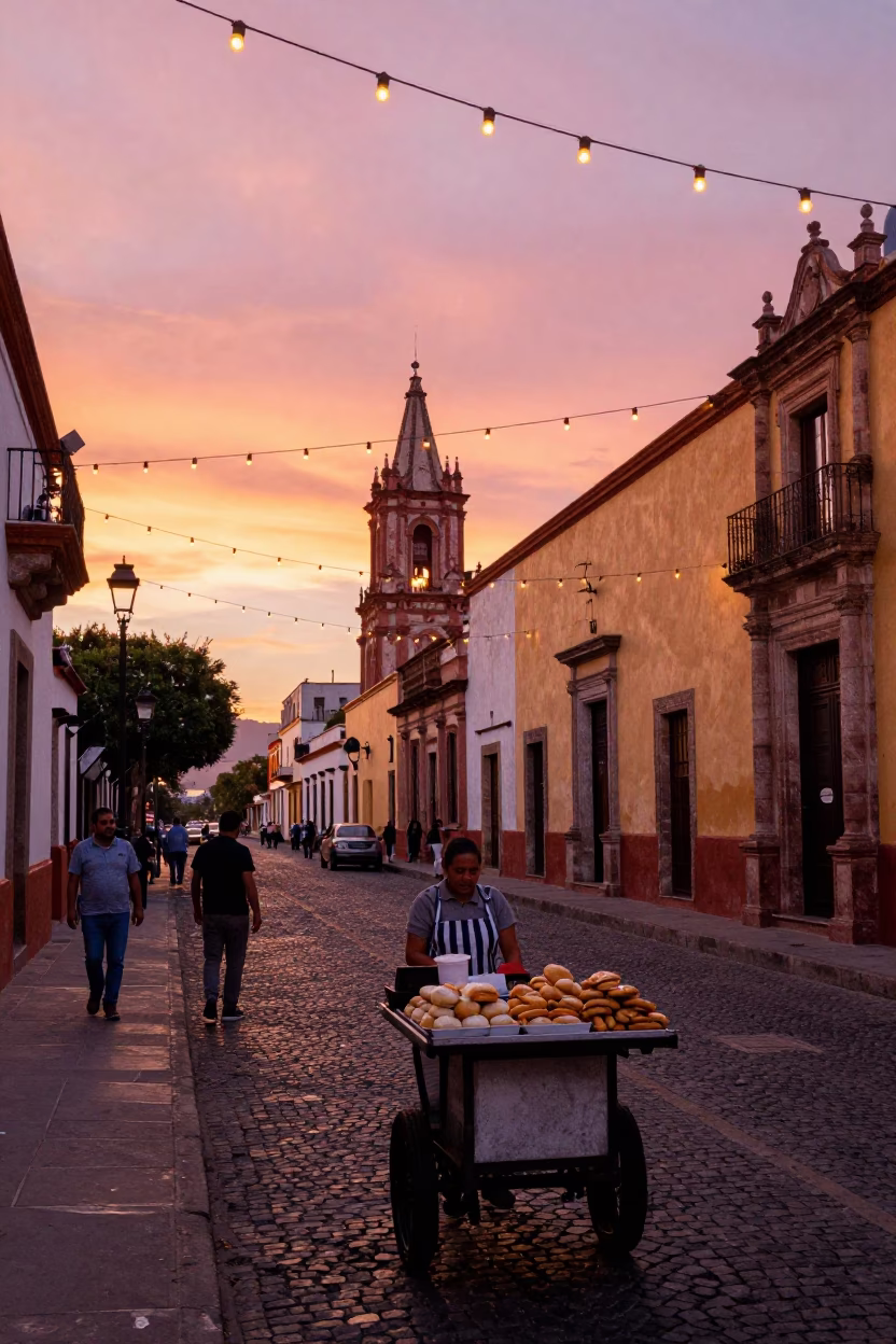 Sunset Street Scene in Guadalajara Mexico with String Lights and Local Pastries in in Guadalajara, Mexico