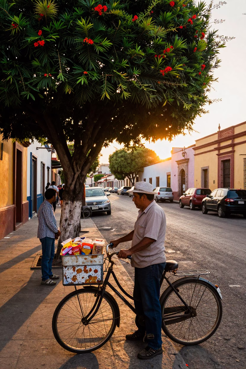 Sunset Street Scene in Guadalajara Mexico with Tamarind Tree and Tin Box Vendor in in Guadalajara, Mexico