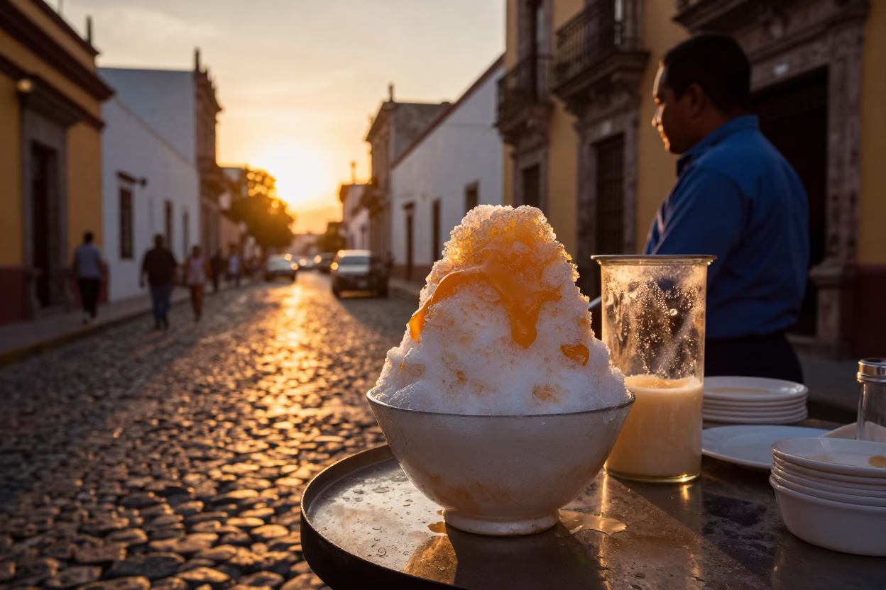 Sunset Street Scene in Guadalajara Mexico with Traditional Dessert and Urban Architecture in in Guadalajara, Mexico