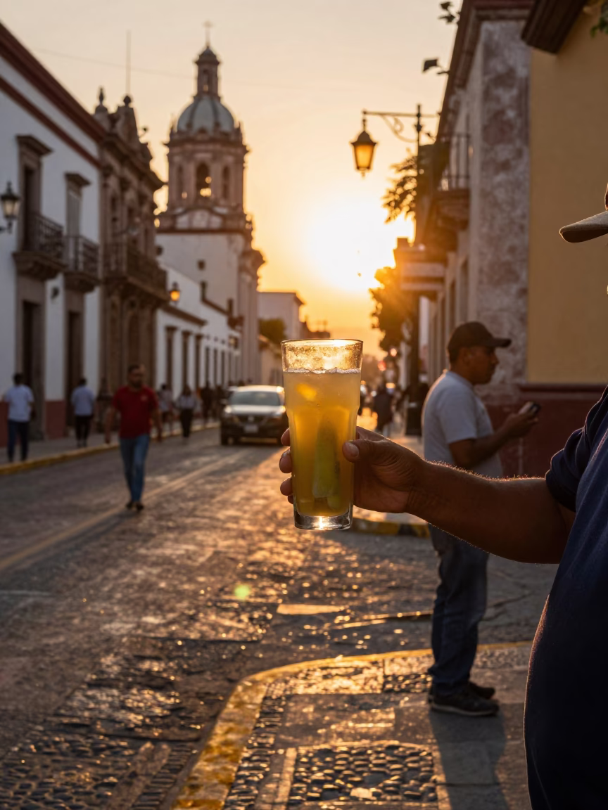 Sunset Street Scene in Guadalajara Mexico with Traditional Sugarcane Juice and Urban Architecture in in Guadalajara, Mexico