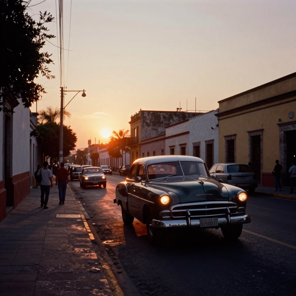 Sunset Street Scene in Guadalajara Mexico with Vintage Car and Local Vendor in in Guadalajara, Mexico