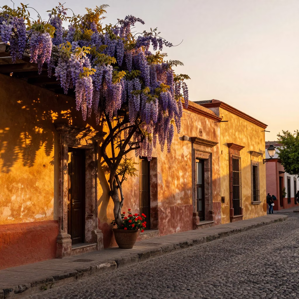 Sunset Street Scene in Guadalajara Mexico with Wisteria and Geraniums in in Guadalajara, Mexico