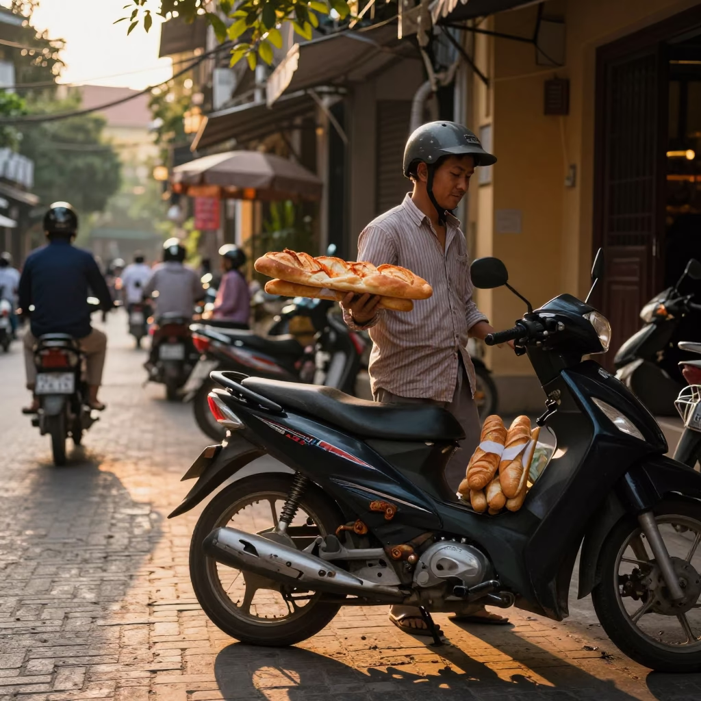 Sunset Street Scene in Hanoi Vietnam with Baguettes and Traditional Life in in Hanoi, Vietnam
