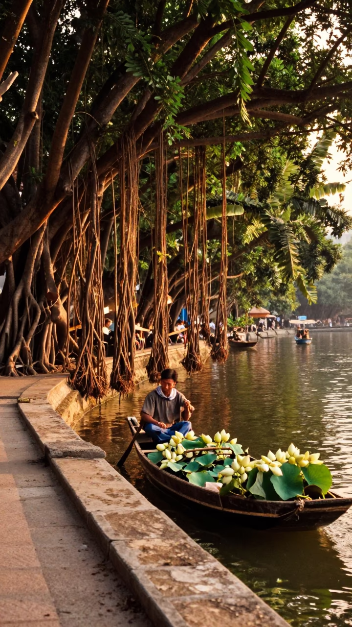 Sunset Street Scene in Hanoi Vietnam with Sampan and Banyan Grove in in Hanoi, Vietnam