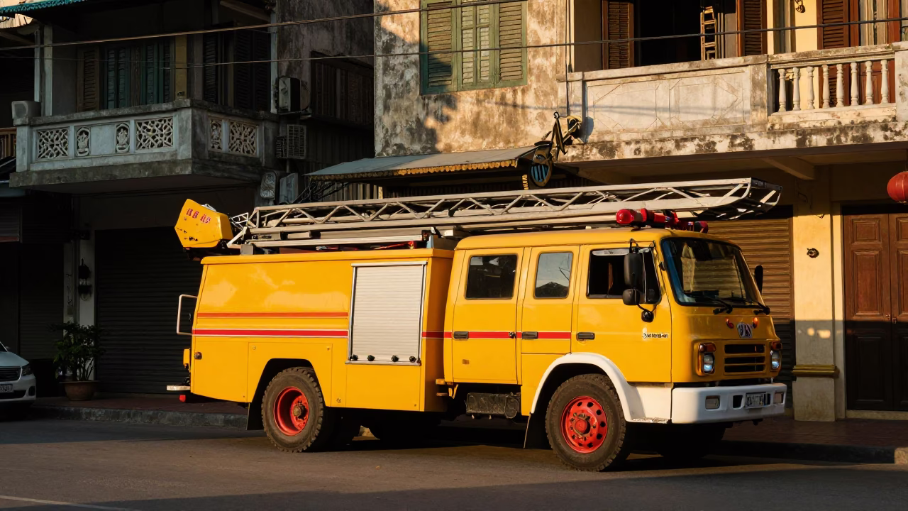 Sunset street scene in Hanoi Vietnam with yellow fire engine and urban architecture in in Hanoi, Vietnam