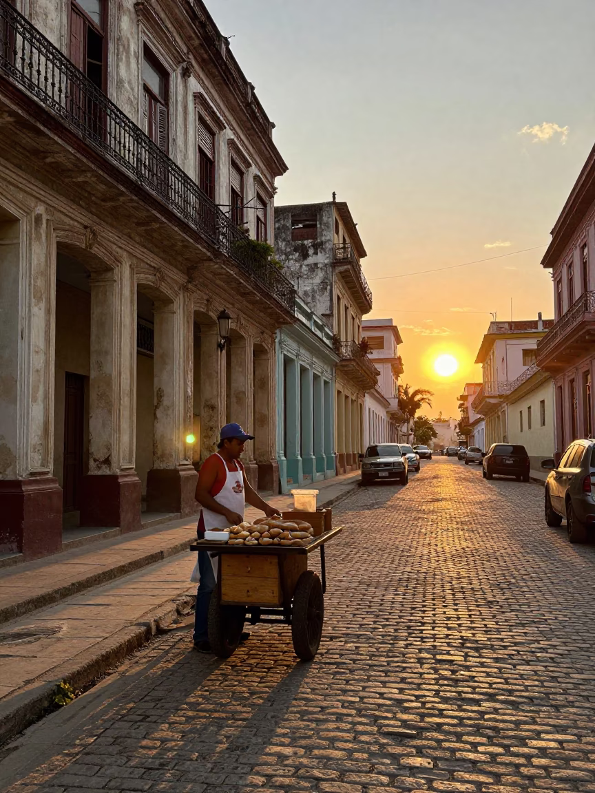 Sunset Street Scene in Havana Cuba with Apron and Bread Loaves in in Havana, Cuba