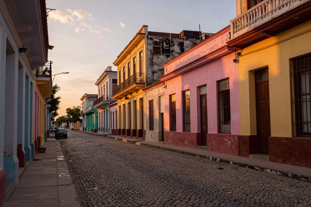 Sunset Street Scene in Havana Cuba with Colorful Buildings and Local Life in in Havana, Cuba