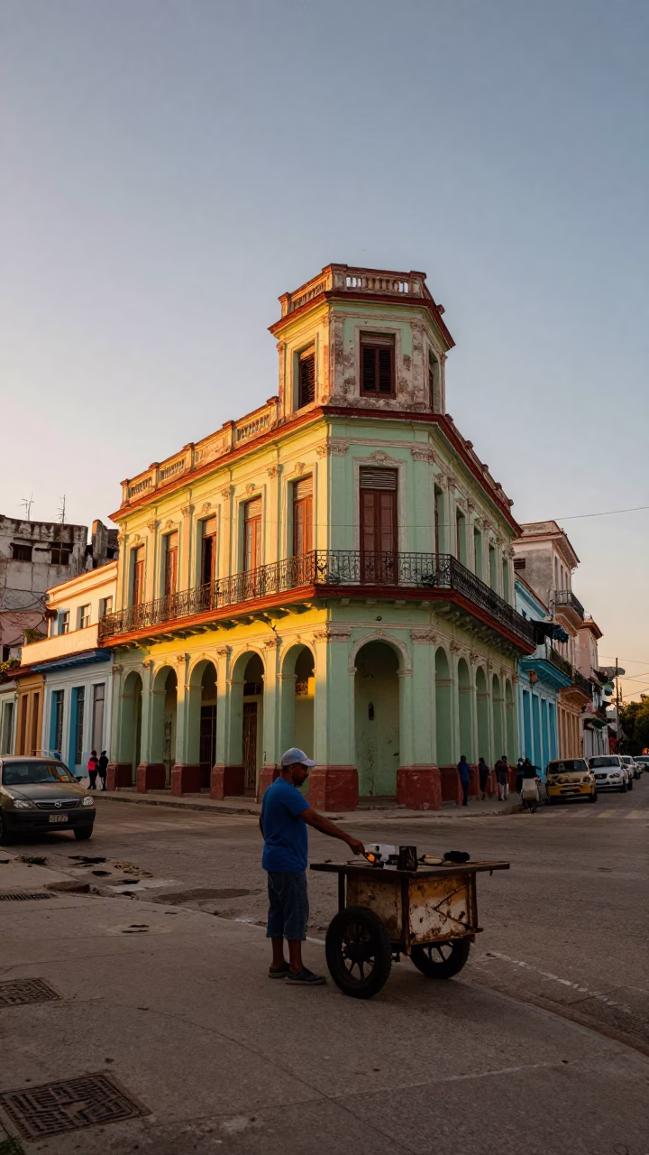 Sunset Street Scene in Havana Cuba with Colorful Colonial Architecture and Local Life in in Havana, Cuba