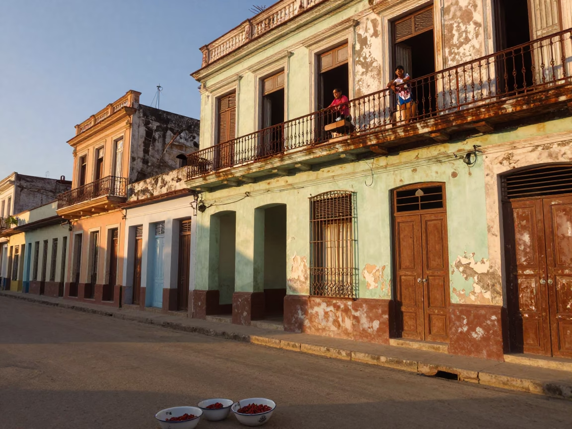 Sunset Street Scene in Havana Cuba with Enamel Bowls and Chili Peppers on Balcony in in Havana, Cuba
