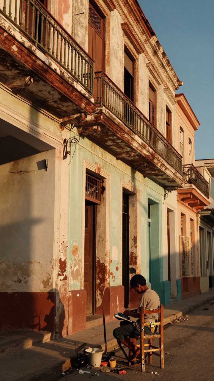 Sunset Street Scene in Havana Cuba with Paint Flecks and Seashells in in Havana, Cuba