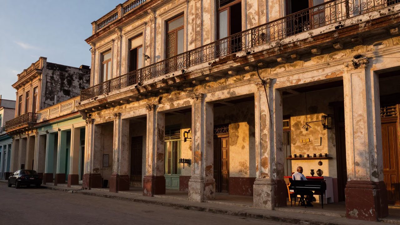 Sunset Street Scene in Havana Cuba with Retired Pianist and Kitchen Tongs in in Havana, Cuba