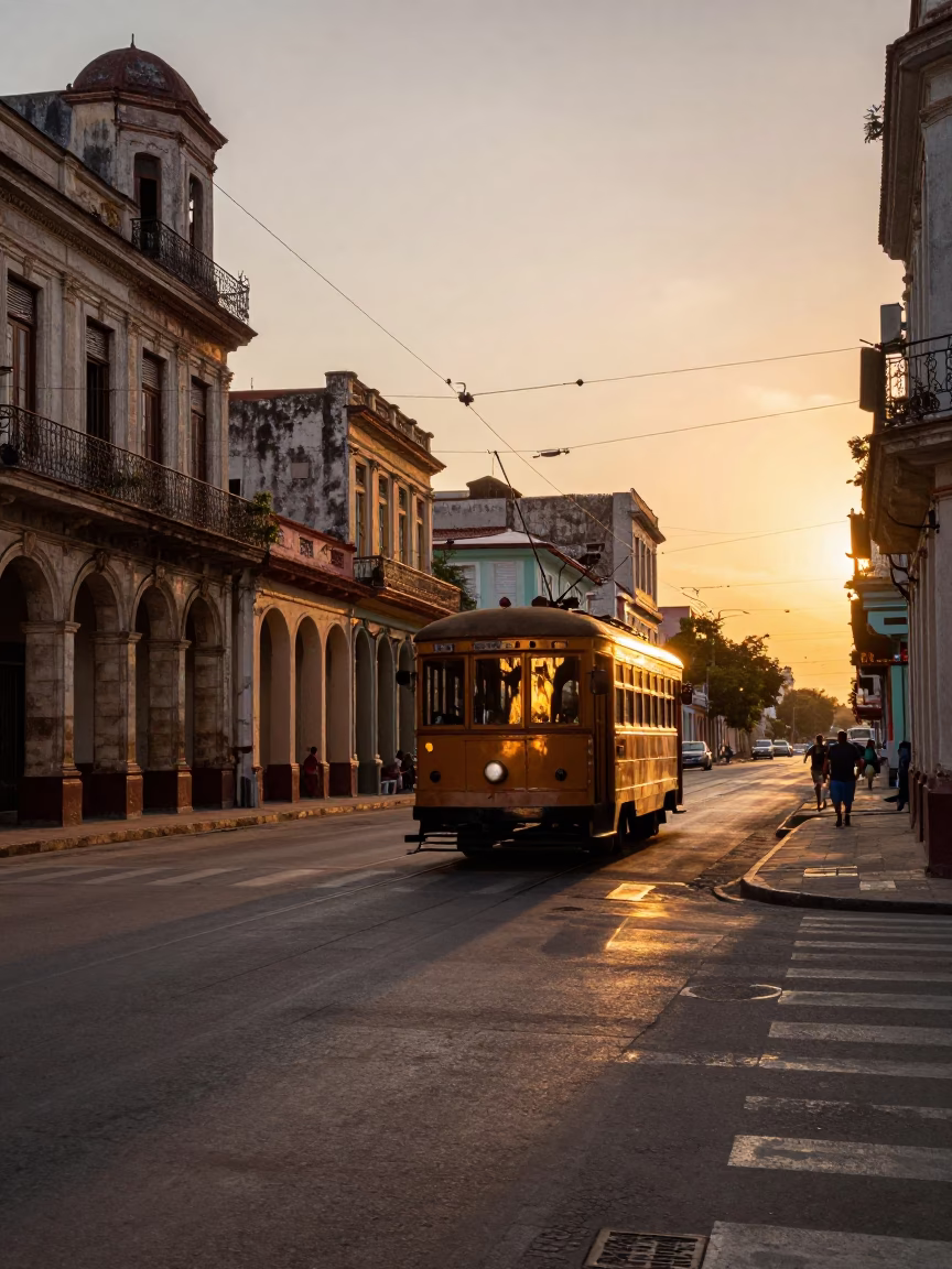 Sunset Street Scene in Havana Cuba with Tramcar Reflection and Local Market Activity in in Havana, Cuba
