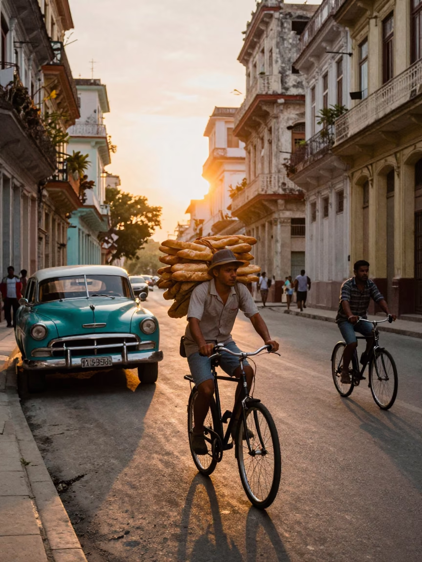 Sunset Street Scene in Havana Cuba with Vintage Car and Cyclist in in Havana, Cuba