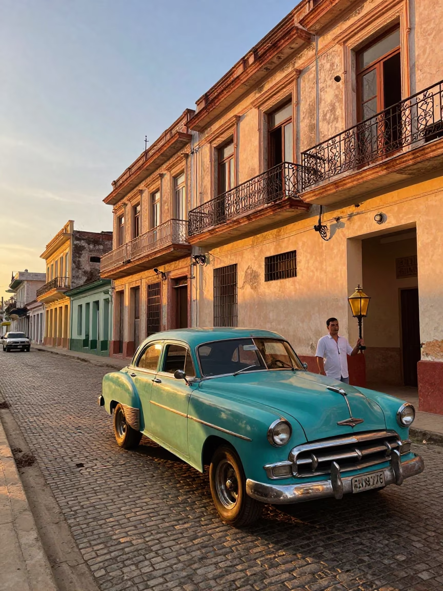 Sunset Street Scene in Havana Cuba with Vintage Car and Lantern in in Havana, Cuba