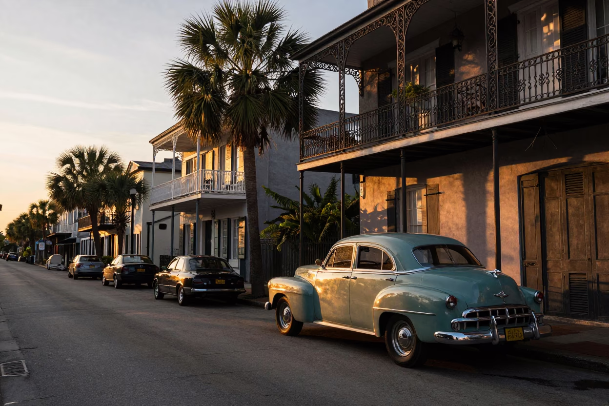 Sunset Street Scene in Historic Charleston South Carolina with Vintage Cars and Cobblestone in in Charleston, South Carolina, United States