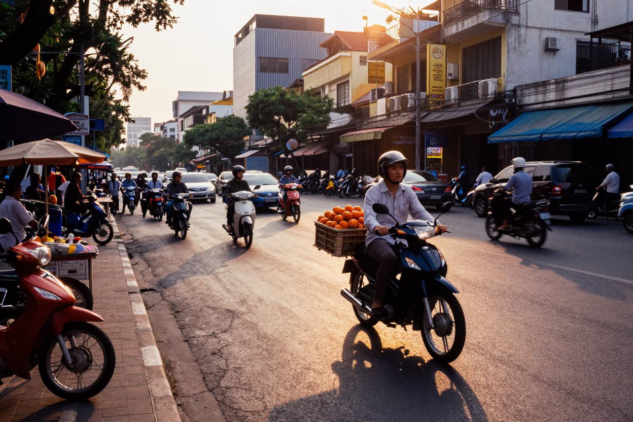 Sunset Street Scene in Ho Chi Minh City Vietnam with Motorbikes and Local Vendors in in Ho Chi Minh City, Vietnam
