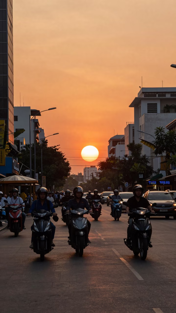 Sunset Street Scene in Ho Chi Minh City Vietnam with Motorbikes and Urban Life in in Ho Chi Minh City, Vietnam