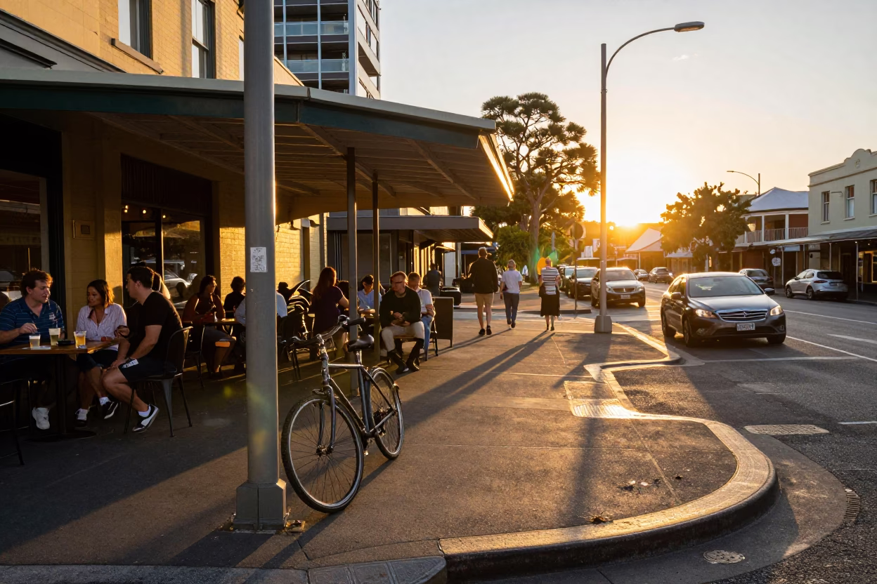 Sunset Street Scene in Hobart Tasmania Australia with Local Details in in Hobart, Tasmania, Australia