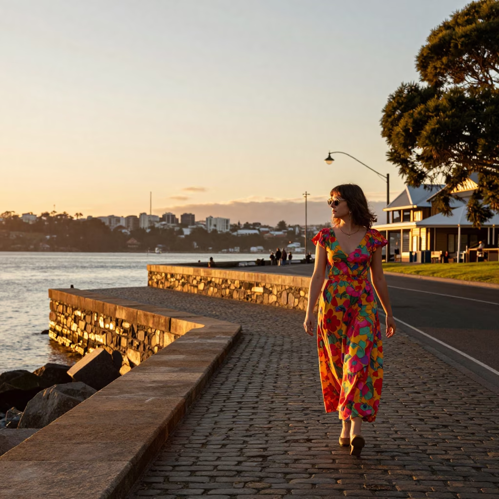 Sunset Street Scene in Hobart Tasmania Australia with Vintage 1970s Fashion Elements in in Hobart, Tasmania, Australia