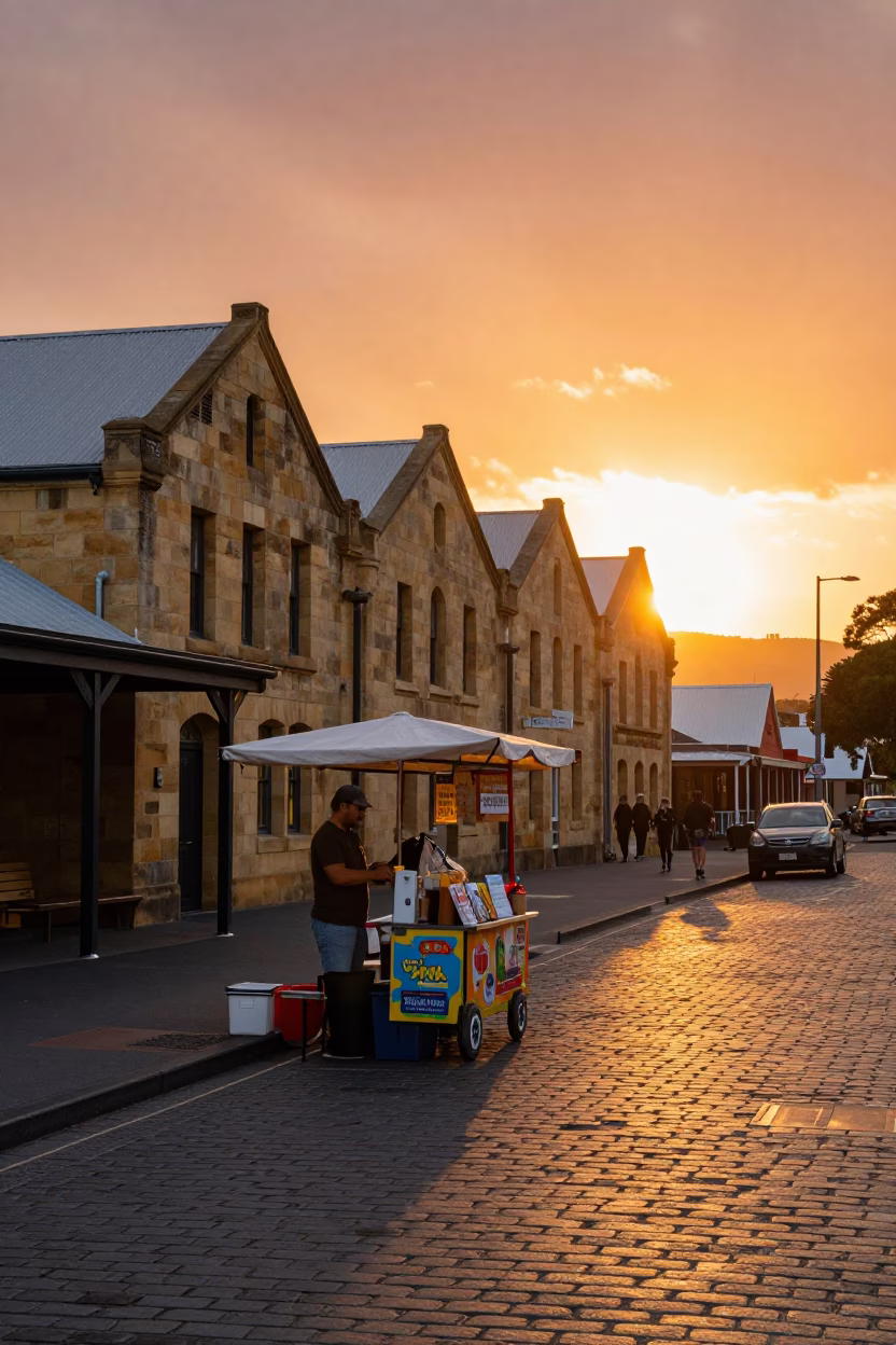 Sunset Street Scene in Hobart Tasmania with Local Food and Vintage 2000s Details in in Hobart, Tasmania, Australia