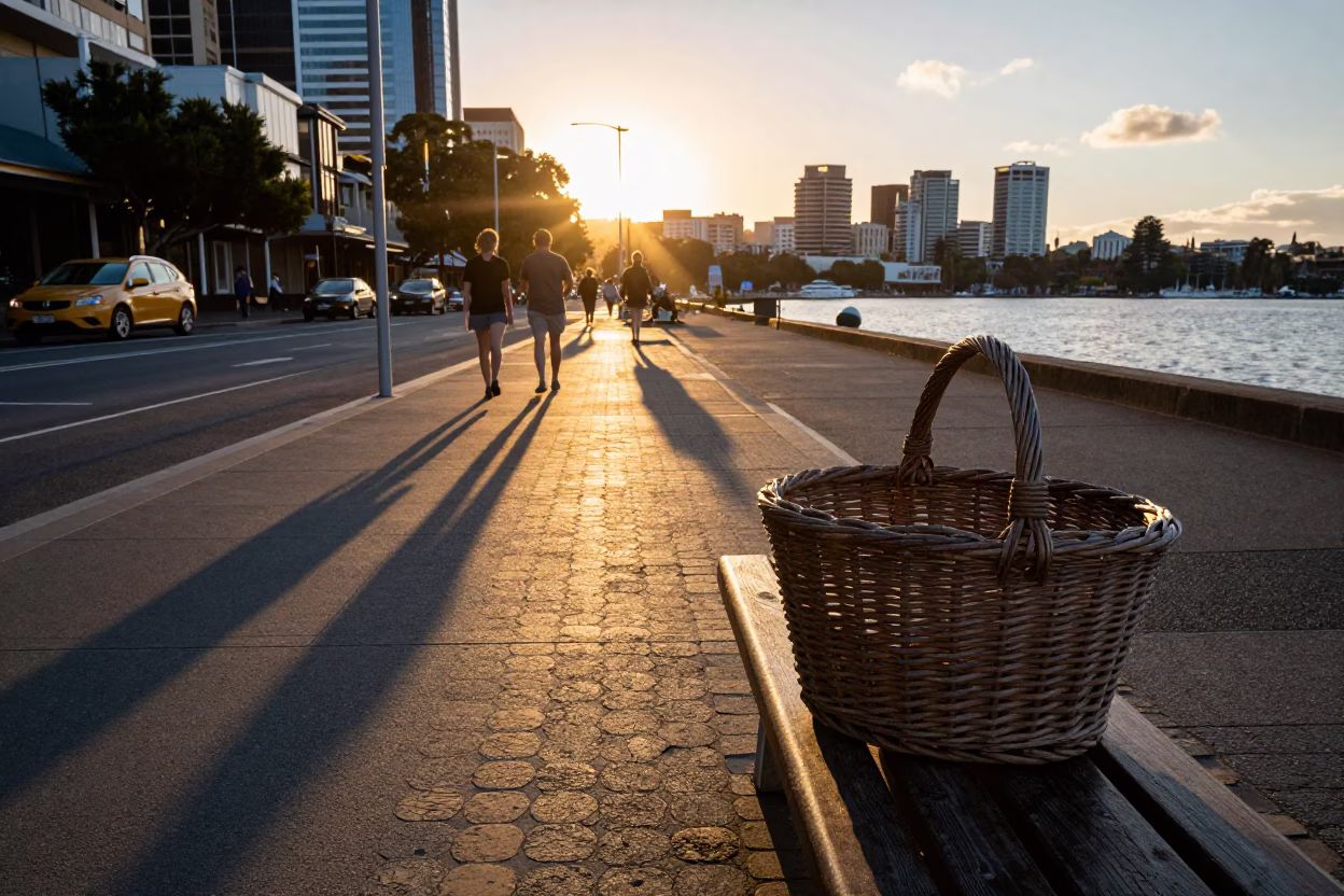 Sunset Street Scene in Hobart Tasmania with Wicker Shadow and Urban Details in in Hobart, Tasmania, Australia