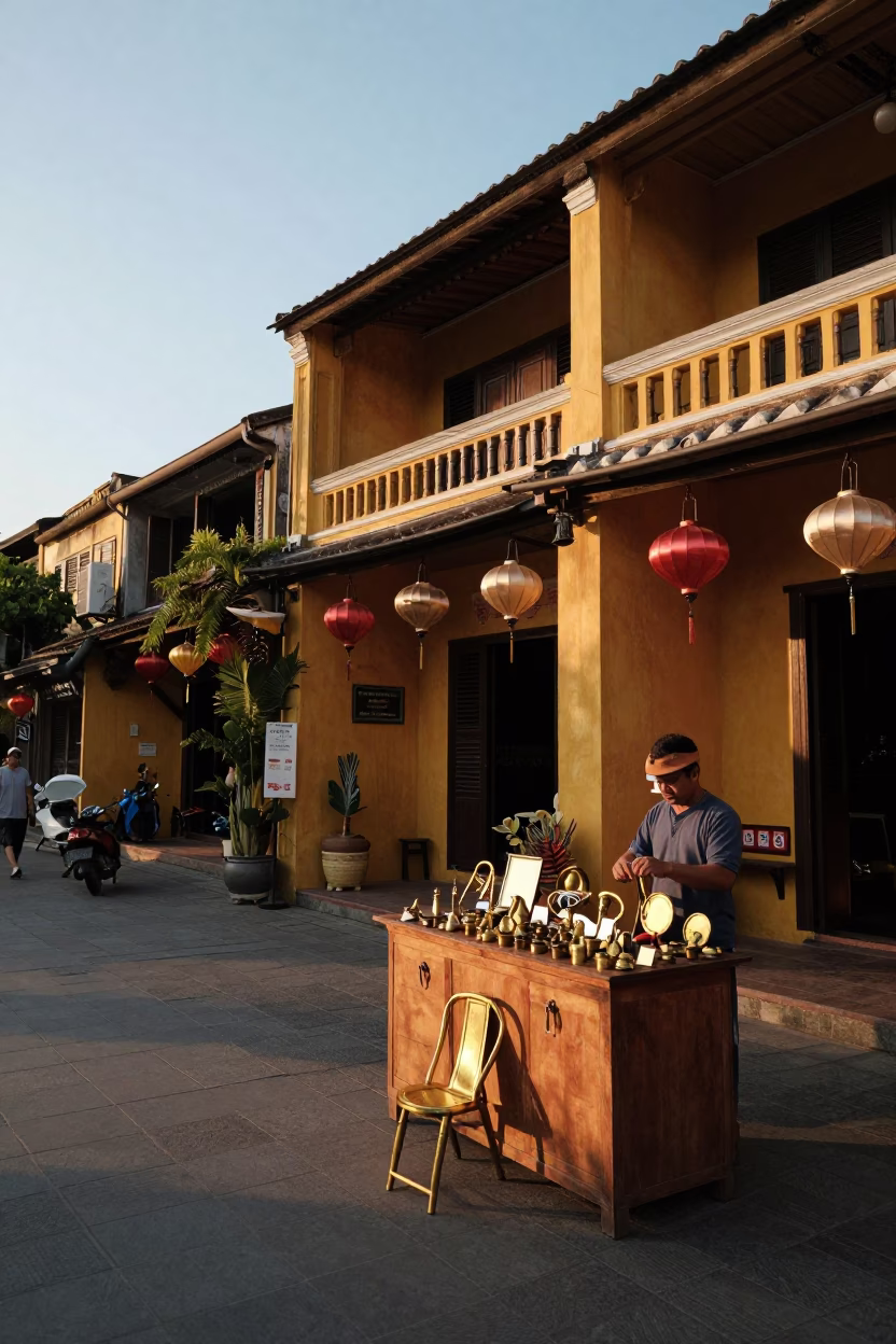 Sunset Street Scene in Hoi An Vietnam with Lanterns and Local Commerce in in Hoi An, Vietnam