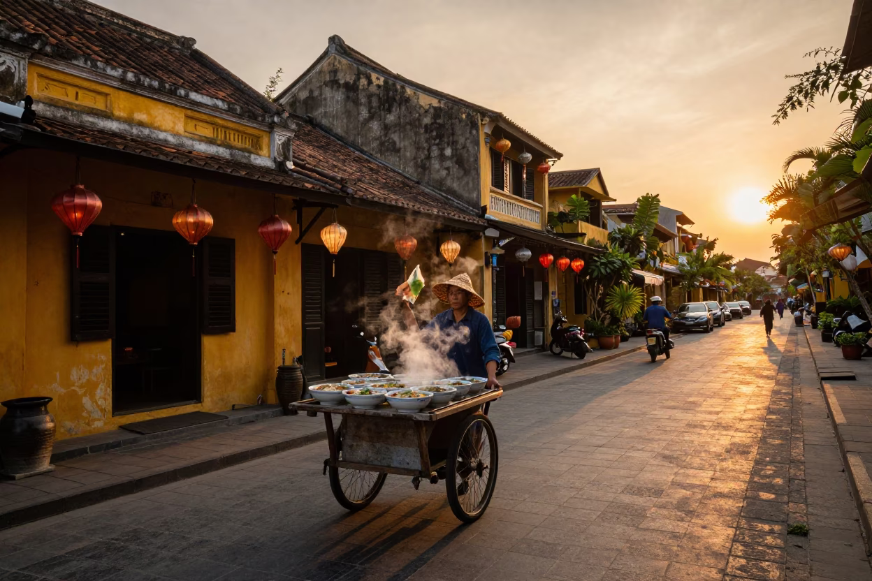 Sunset Street Scene in Hoi An Vietnam with Lanterns and Local Life in in Hoi An, Vietnam