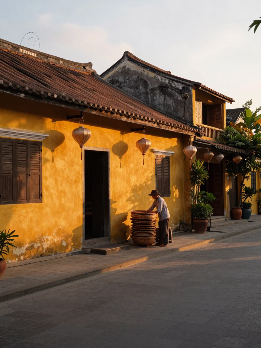Sunset Street Scene in Hoi An Vietnam with Lanterns and Traditional Architecture in in Hoi An, Vietnam