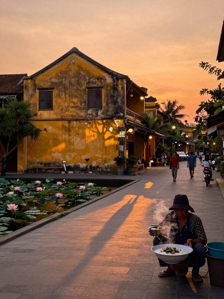 Sunset Street Scene in Hoi An Vietnam with Lotus Pond and Local Diner in in Hoi An, Vietnam