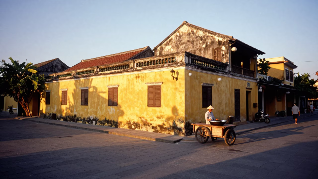 Sunset Street Scene in Hoi An Vietnam with Yellow Building and Bowl in in Hoi An, Vietnam