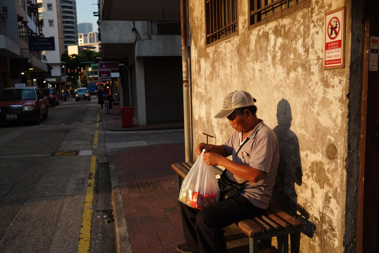 Sunset Street Scene in Hong Kong with Chili Peppers and Grease on Bench in in Hong Kong, Hong Kong