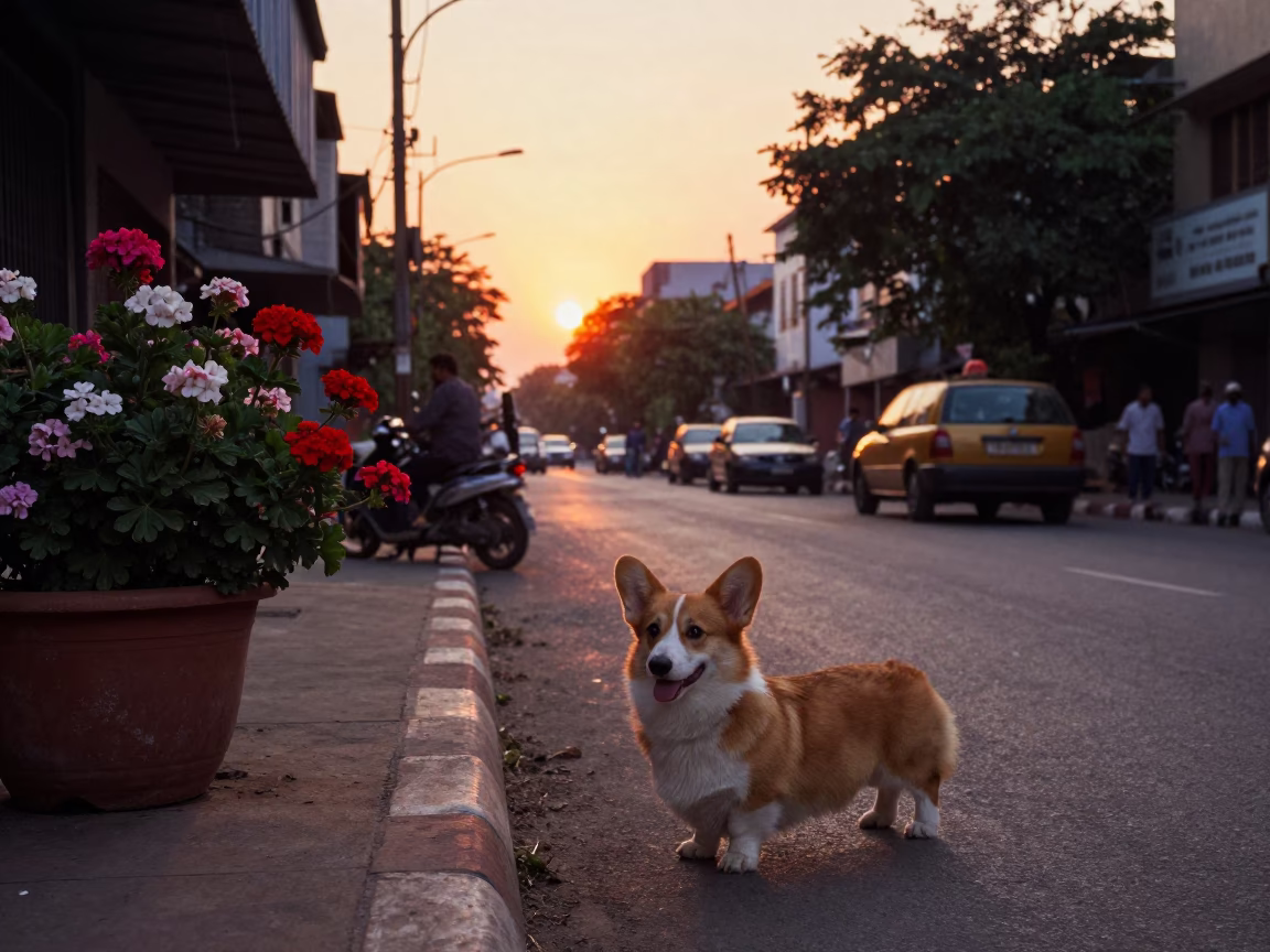 Sunset Street Scene in Hyderabad India with Corgi and Geraniums in in Hyderabad, India