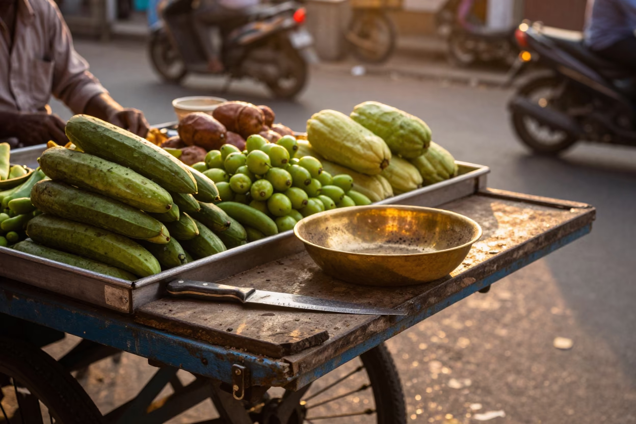 Sunset Street Scene in Hyderabad India with Fruit Knife and Dusty Bowl in in Hyderabad, India