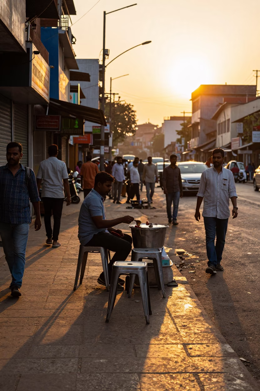 Sunset street scene in Hyderabad India with metal stools and local interaction in in Hyderabad, India