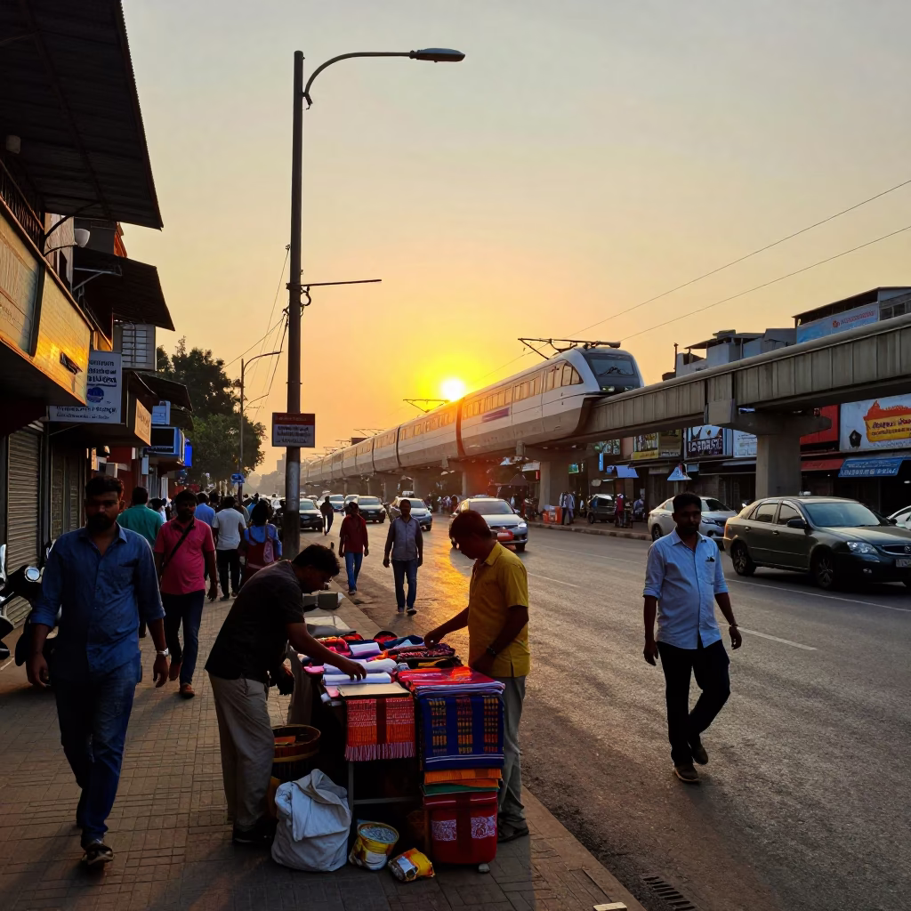 Sunset Street Scene in Hyderabad India with Monorail and Local Life in in Hyderabad, India