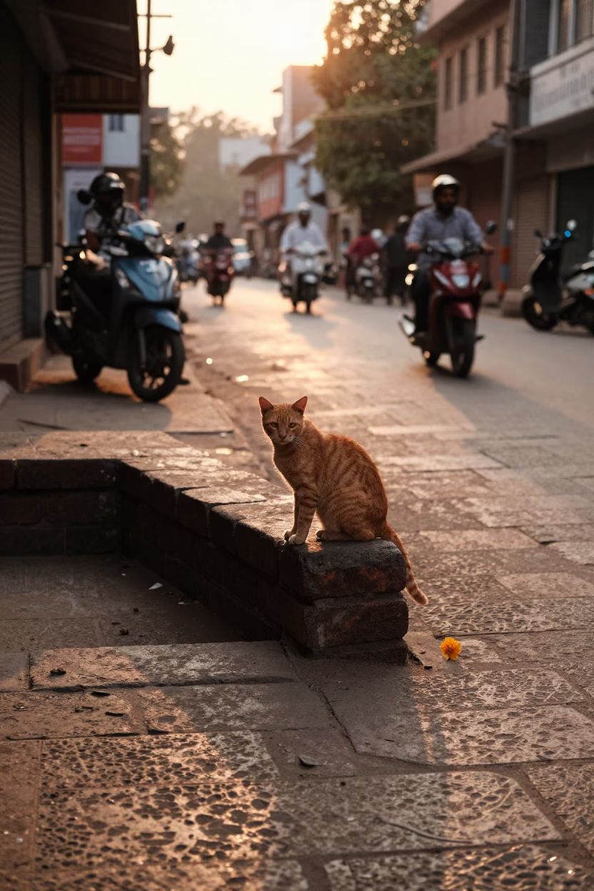 Sunset Street Scene in Hyderabad India with Orange Cat and Flower Petals in in Hyderabad, India
