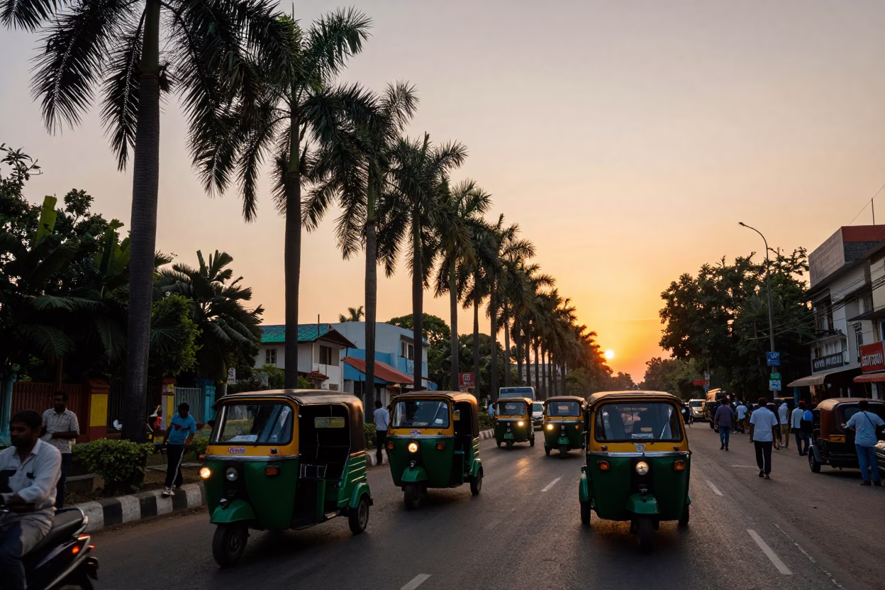 Sunset street scene in Hyderabad India with palm trees and local traffic in in Hyderabad, India