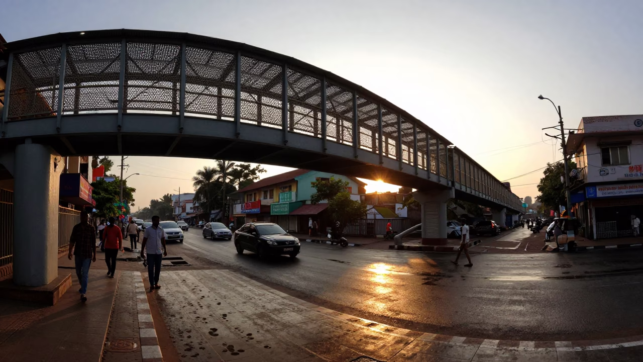Sunset Street Scene in Hyderabad India with Pedestrian Overpass and Lived In Details in in Hyderabad, India