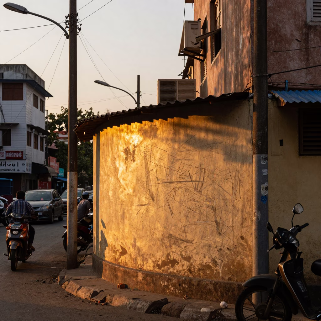Sunset Street Scene in Hyderabad India with Scratched Wall and Local Life in in Hyderabad, India