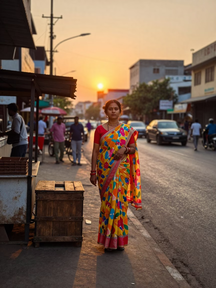 Sunset Street Scene in Hyderabad India with Vintage 1950s Fashion and Local Commerce in in Hyderabad, India