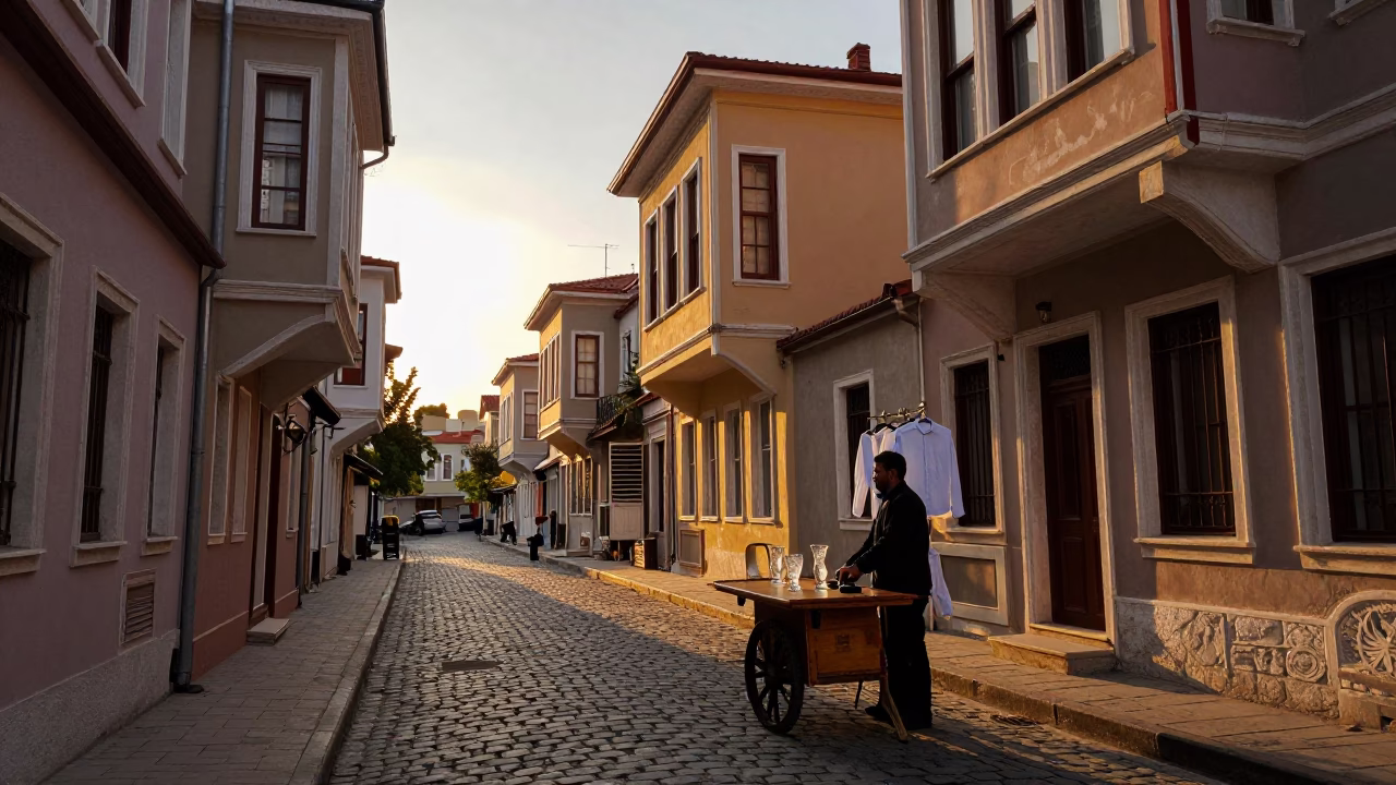 Sunset Street Scene in Istanbul Turkey with Carafe and Shirt Hanger in in Istanbul, Turkey