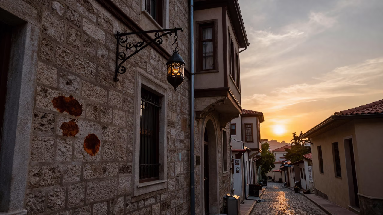 Sunset Street Scene in Istanbul Turkey with Lantern and Tea Stains on Traditional Building in in Istanbul, Turkey