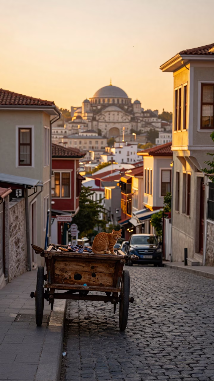 Sunset Street Scene in Istanbul Turkey with Orange Cat and Grilled Fish in in Istanbul, Turkey
