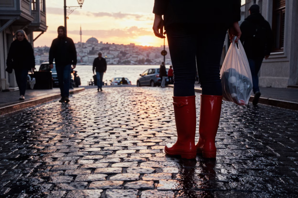 Sunset street scene in Istanbul Turkey with rain boots and urban life in in Istanbul, Turkey
