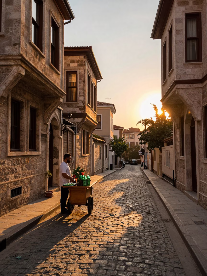 Sunset Street Scene in Istanbul Turkey with Tea Stains and Mint Leaves in in Istanbul, Turkey