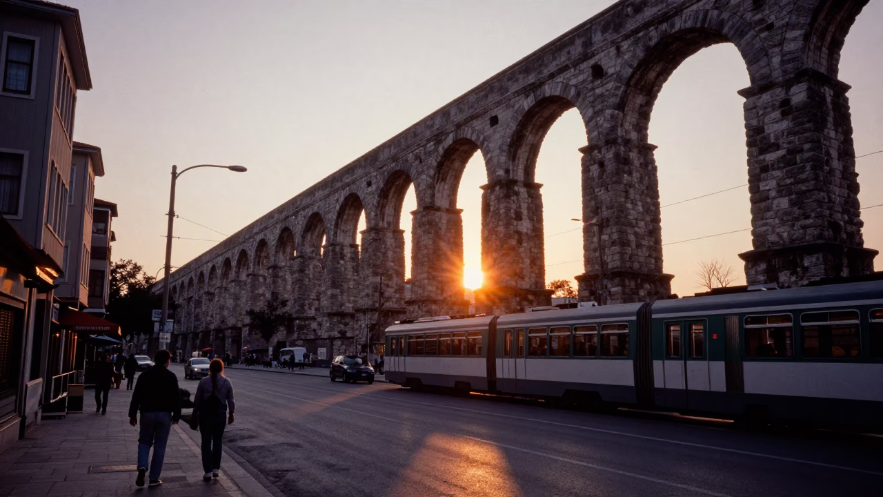 Sunset Street Scene in Istanbul with Aqueduct and Metro Train in in Istanbul, Turkey