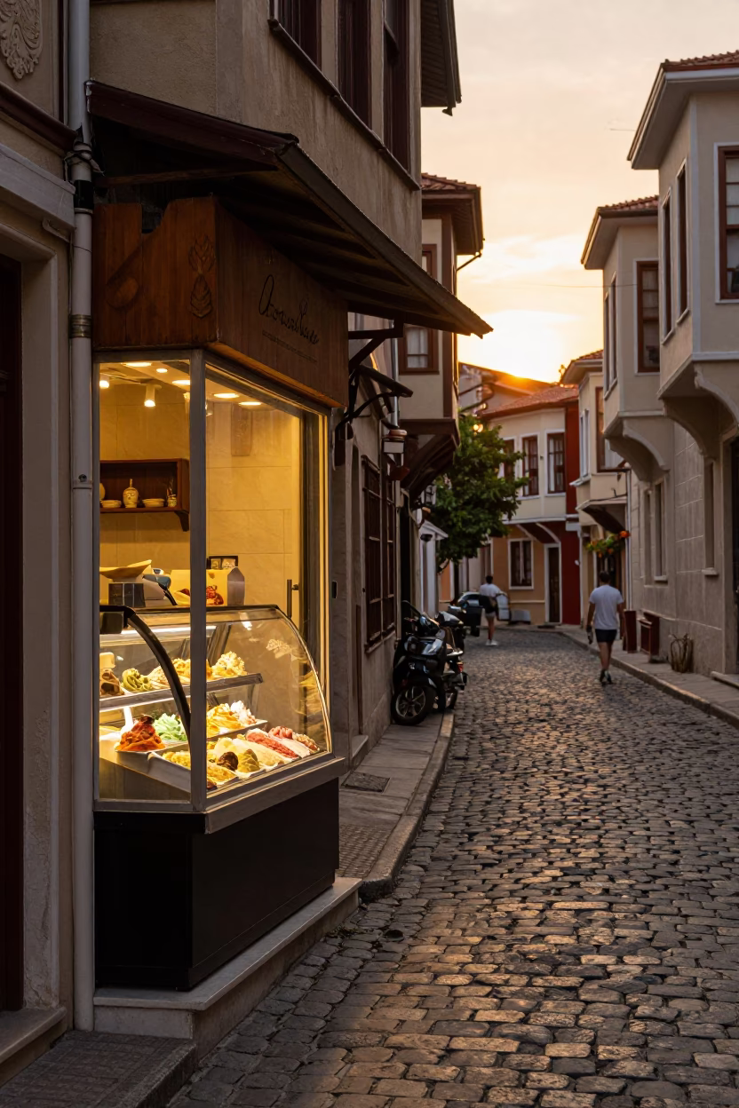 Sunset Street Scene in Istanbul with Gelato Display and Cobblestone Alleyway in in Istanbul, Turkey