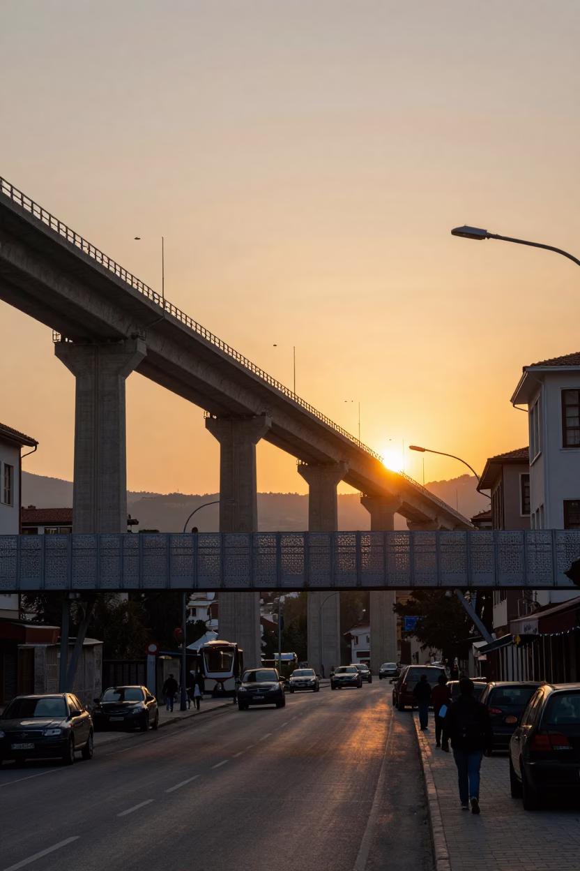 Sunset Street Scene in Izmir Turkey with Concrete Viaduct and Pedestrian Overpass in in Izmir, Turkey