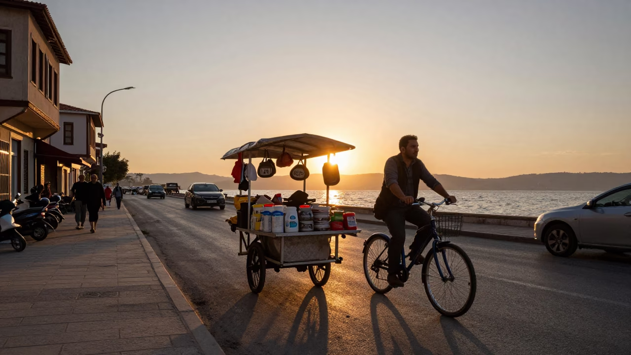 Sunset street scene in Izmir Turkey with cyclist and vendor cart in in Izmir, Turkey